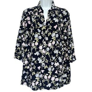 J Jill Button Up Tunic Top Womens 1X Blue Dark Floral Blouse Cottagecore Office